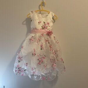 Floral Pink and White floral toddler tulle dress ribbon tie